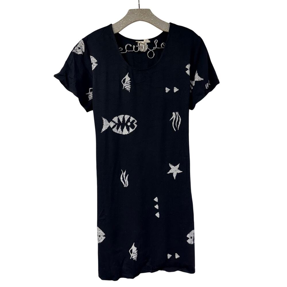 Connie Choi Dress Little Black Shift Dress Large Fish Print Vintage